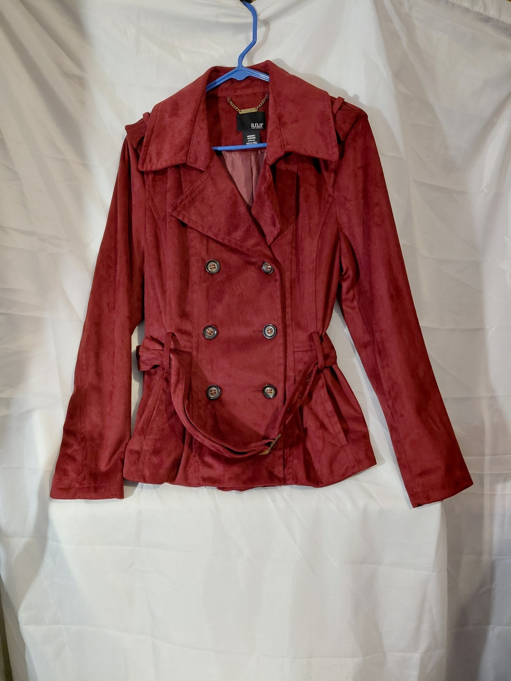a.n.a Wine Red Double-Breasted Peplum Trench Coat